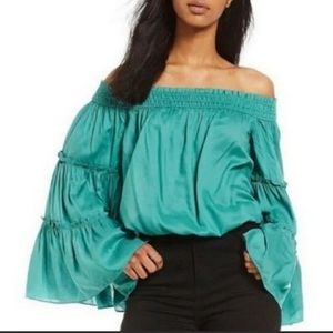Free People Off the Shoulder Bell Sleeve Turquoise Green Teal Top Shirt